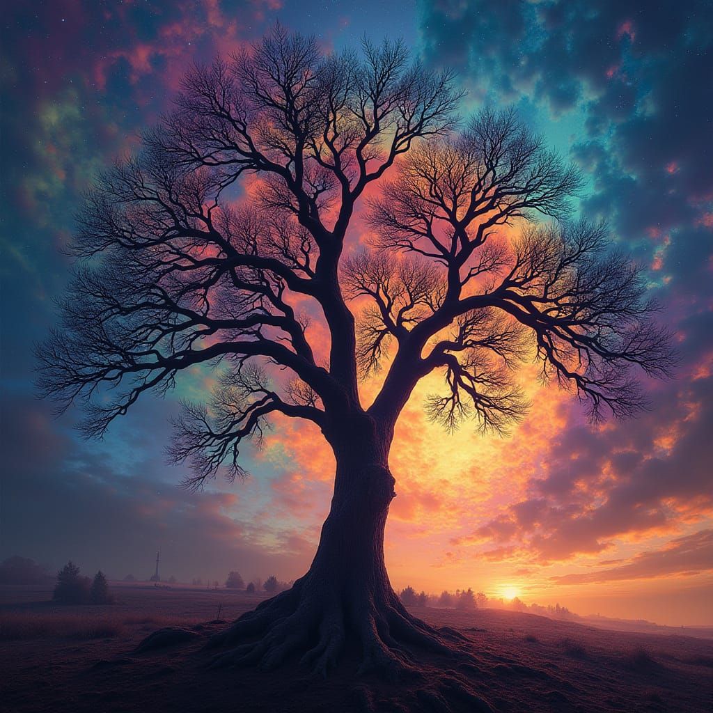 Psychedelic Tree Silhouette in Surrealist Style