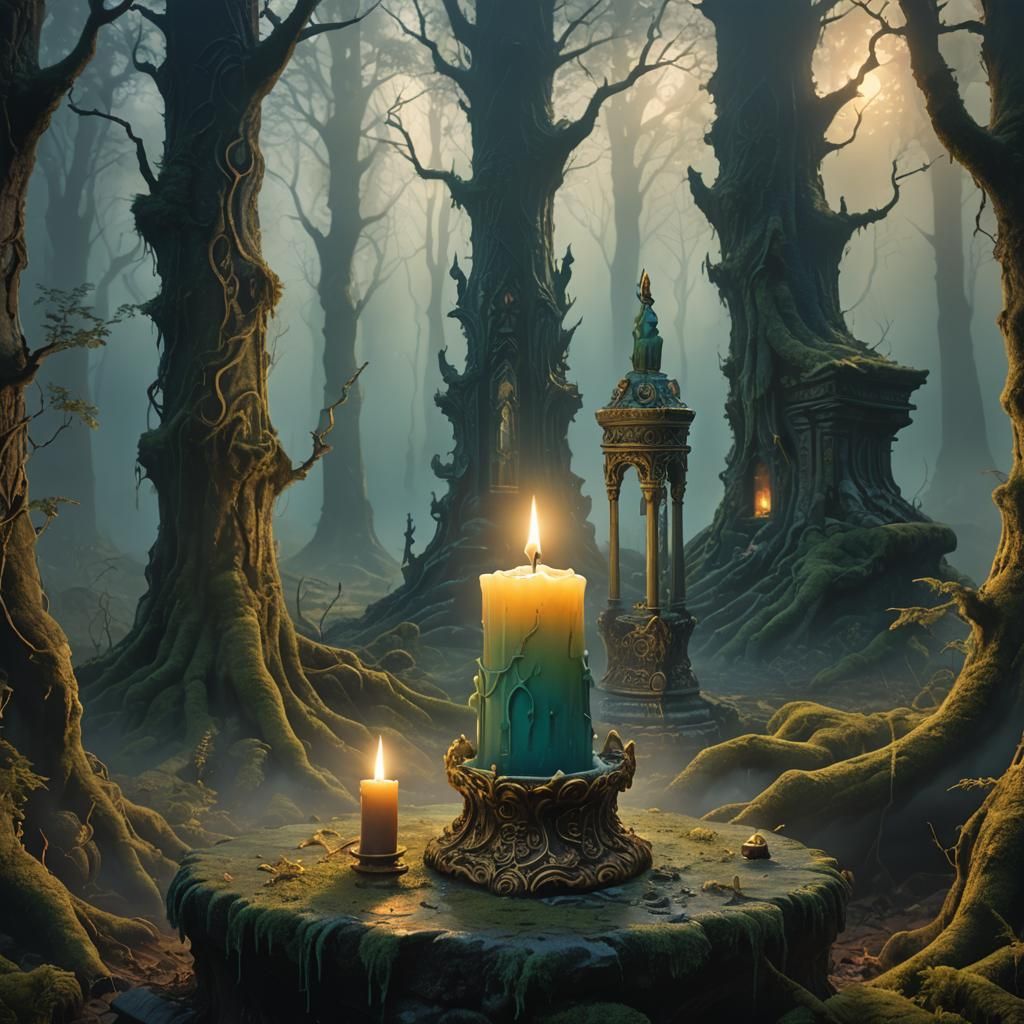 Mystical Candle on Ancient Altar in Foggy Forest