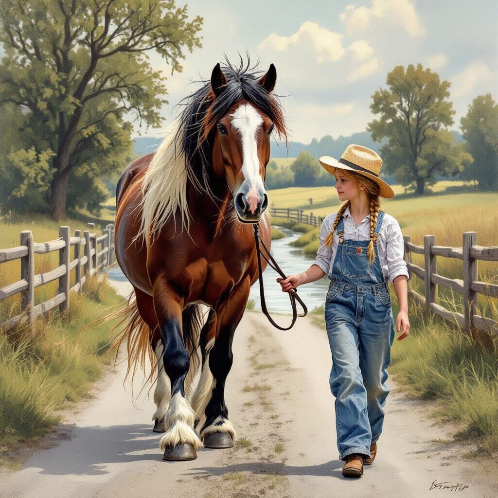 Majestic Gypsy Vanner Cob and Farmgirl Illustration