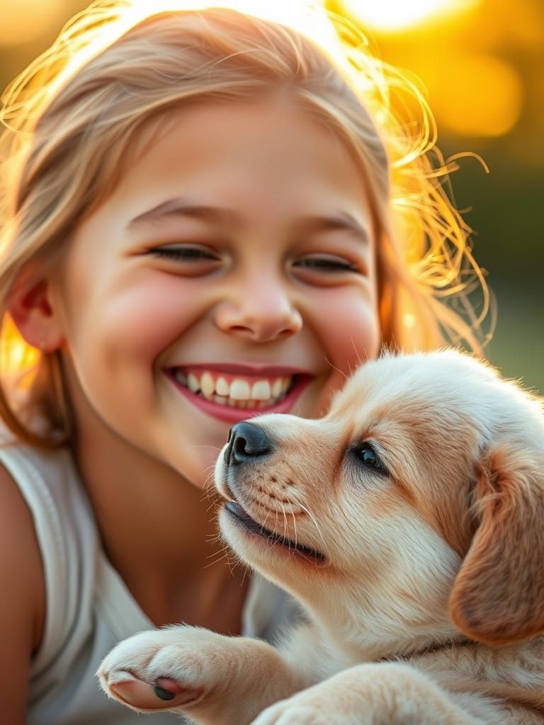 Radiant Girl Smiles at Playful Puppy in Warm Golden Light