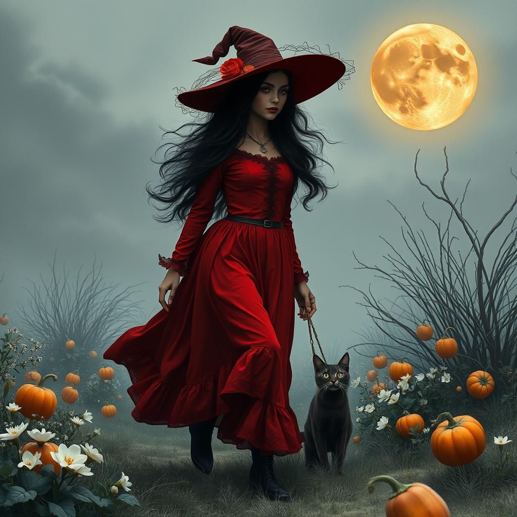 Whimsical Witch in Autumn Field, Hyperrealistic Style