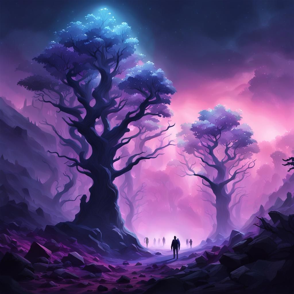 Crystalline Trees in Misty Sci-Fi Forest