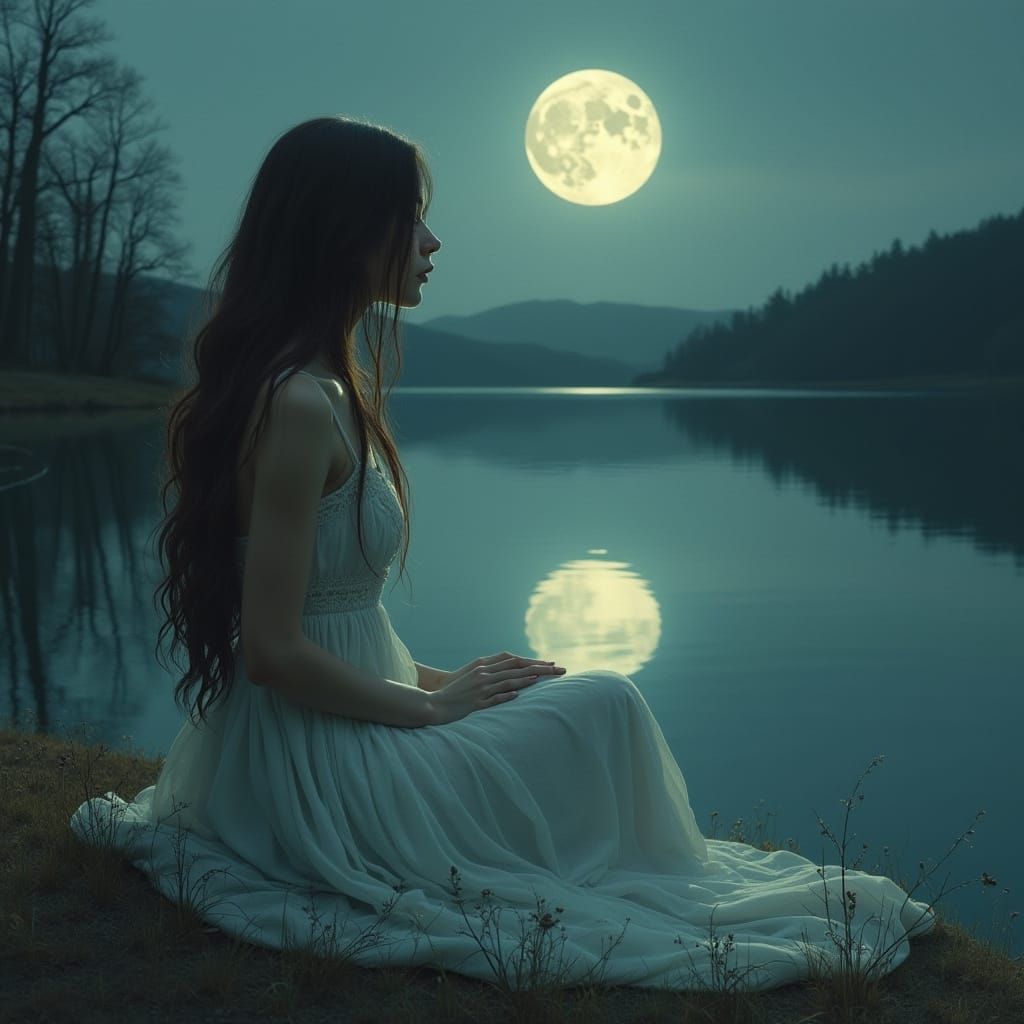 Sorrowful Woman by Lake in Dark Fantasy Style