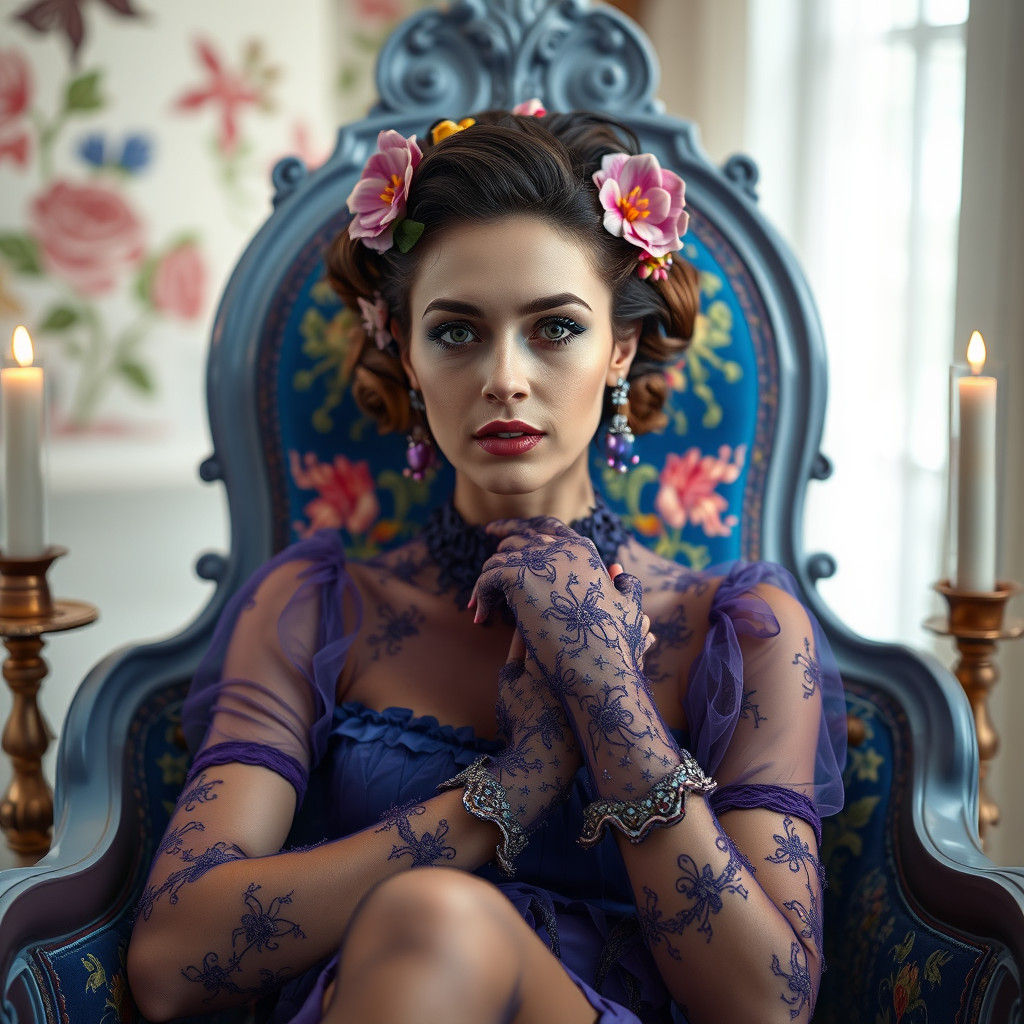 Model with Paper Hair in Surreal Floral Chair