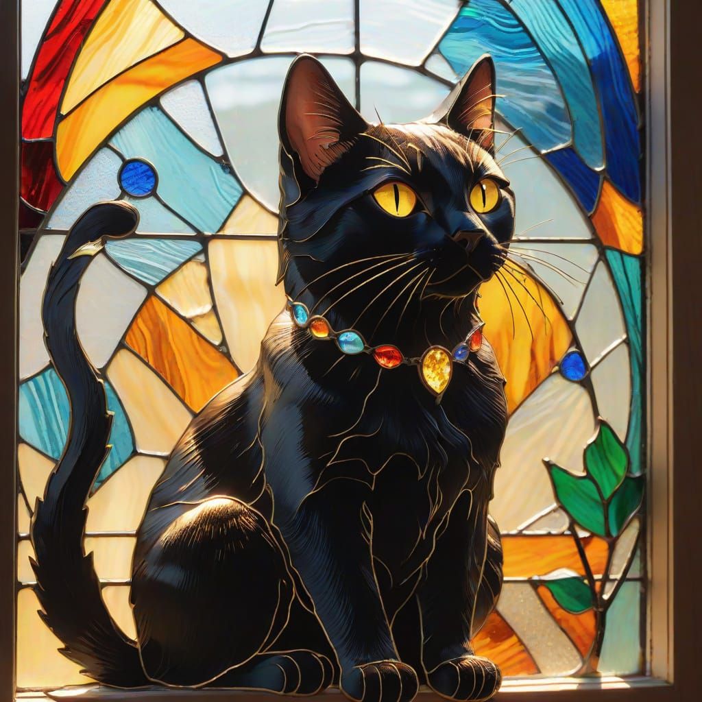 Black Cat in Stained Glass Window