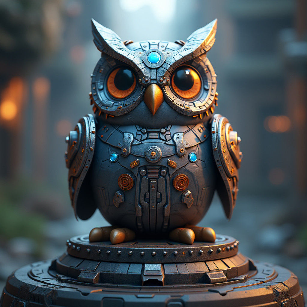 Mechanical Kirby Owl on Pedestal in Sci-Fi Style