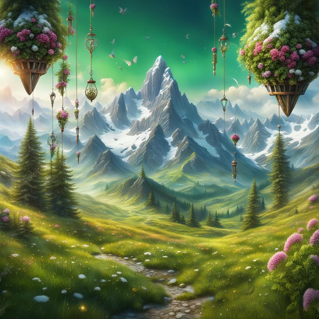 Wind Chimes with Snowy Peaks and Wildflowers