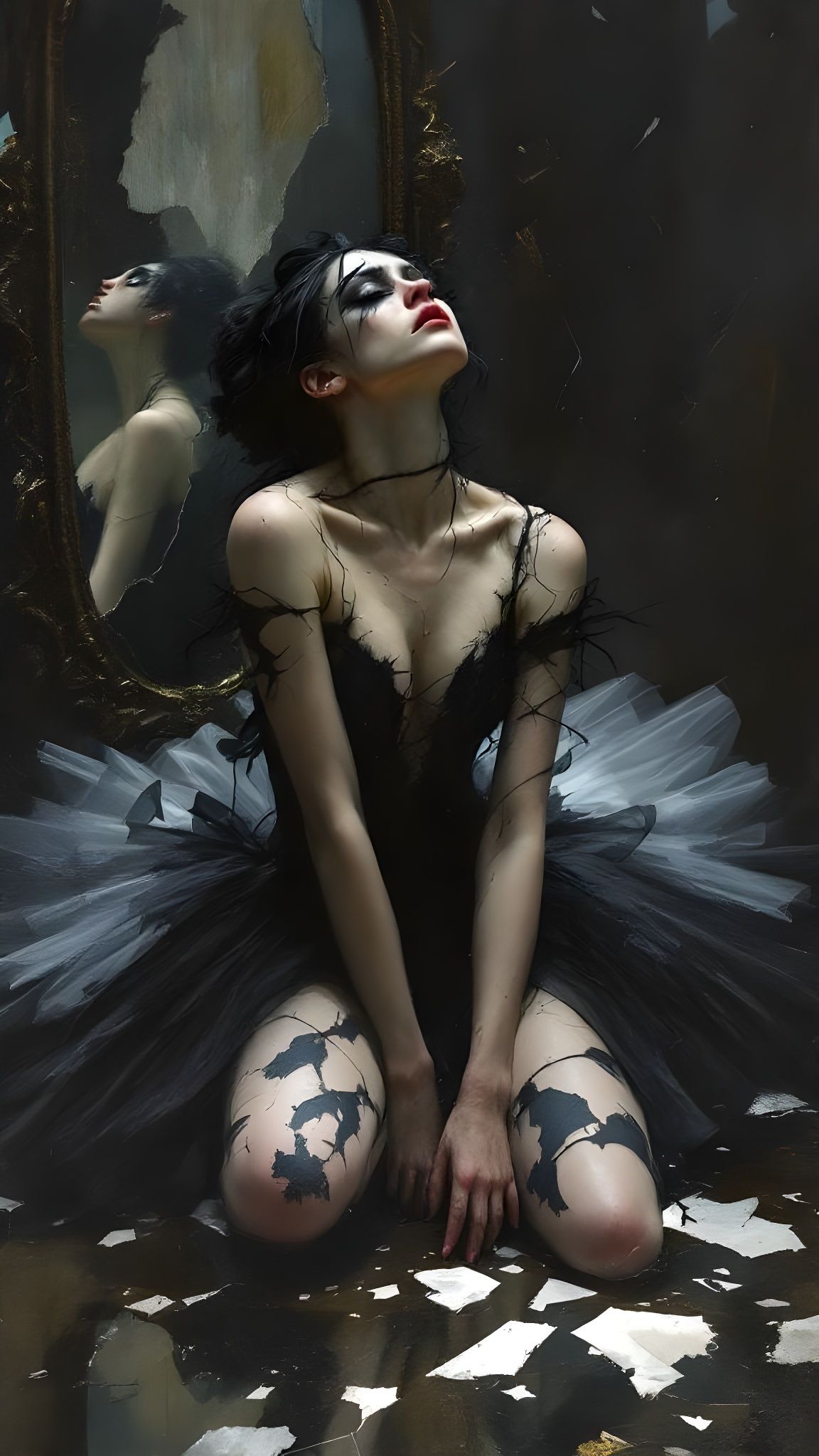 Distraught Black Swan Ballerina in Oil Painting Style