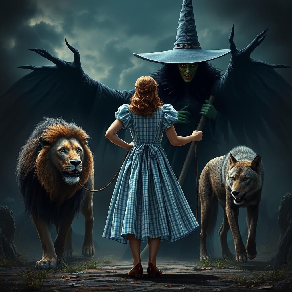 Dorothy Confronts the Witch with Lion and Wolf