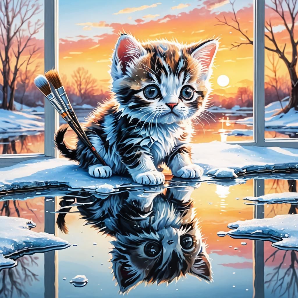 Kitten Painted on Frosty Winter Window