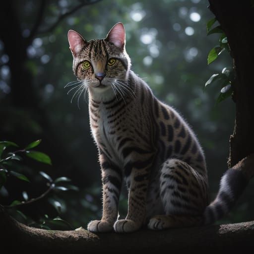Vibrant Spotted Cat Portrait in Forest Setting