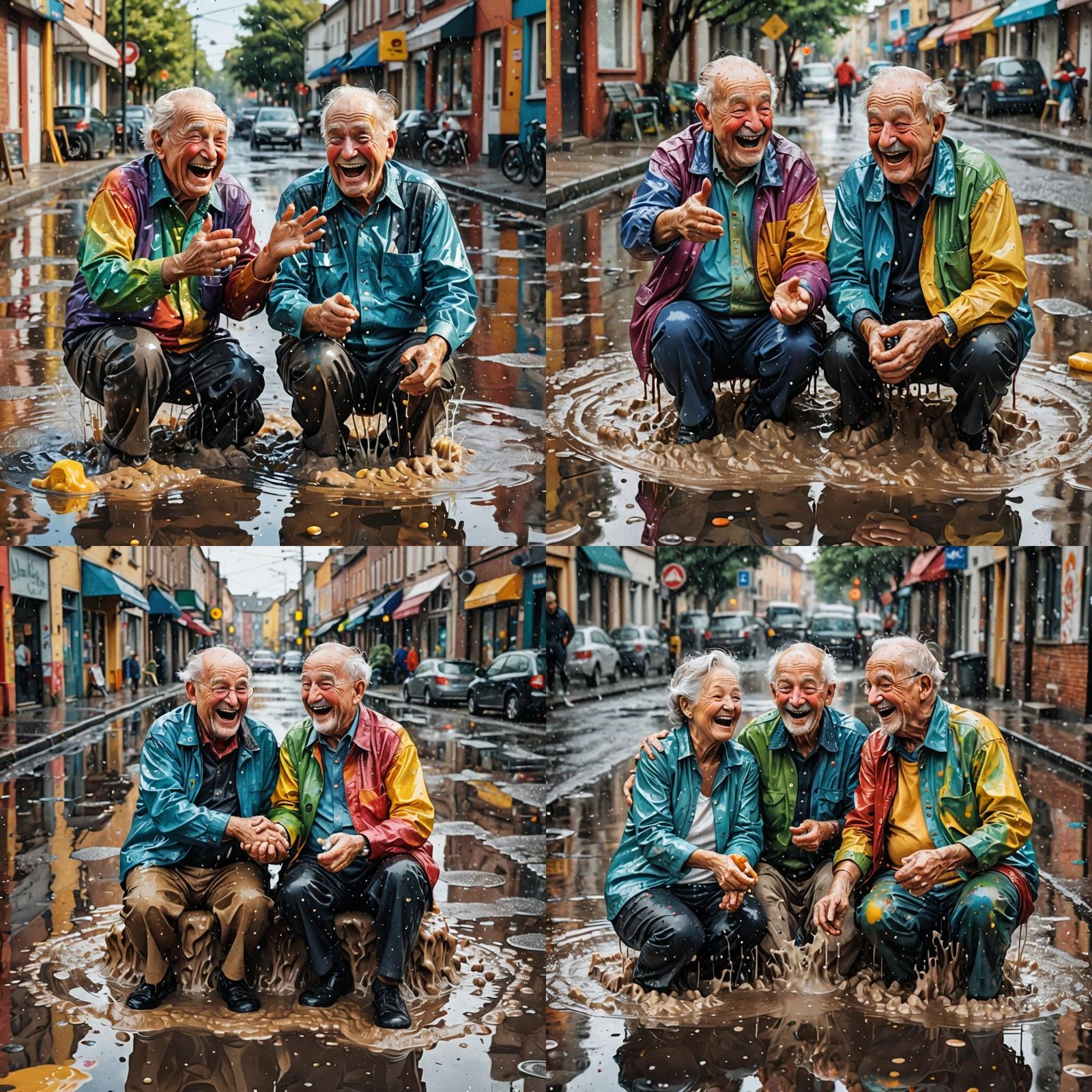 Joyful Grandpas Splashing: Ultra-Realistic Colorful Art