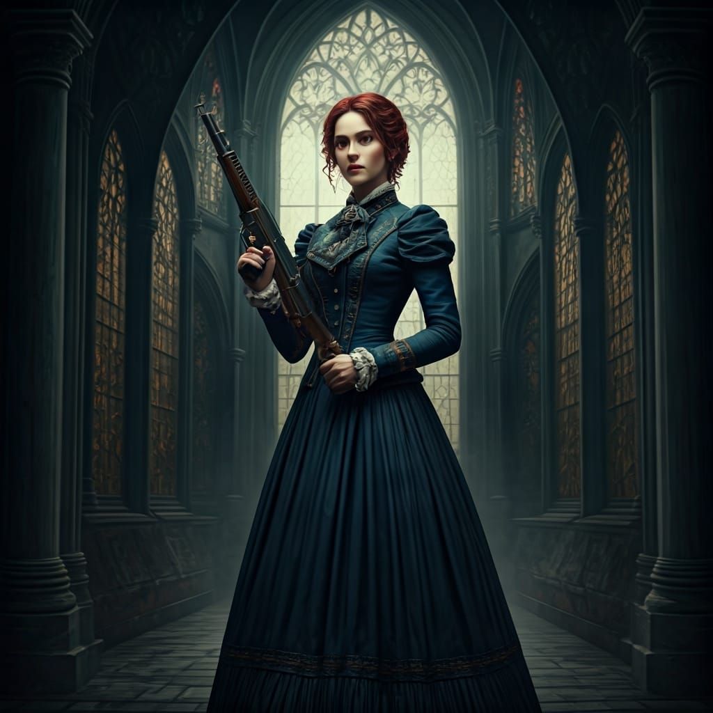 Victorian Woman with Machine Gun in Cyberpunk City