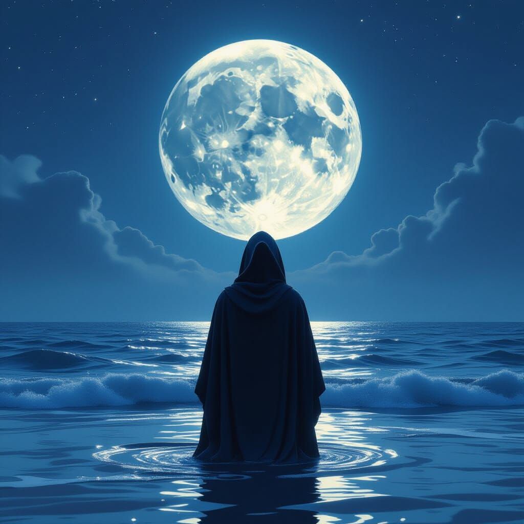 Mysterious Hooded Figure in Moonlit Ocean