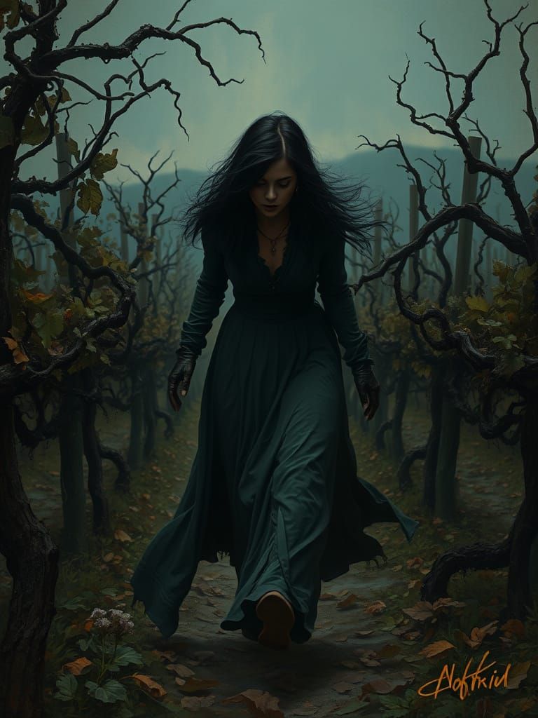 Gothic romance heroine fleeing through a creepy vineyard