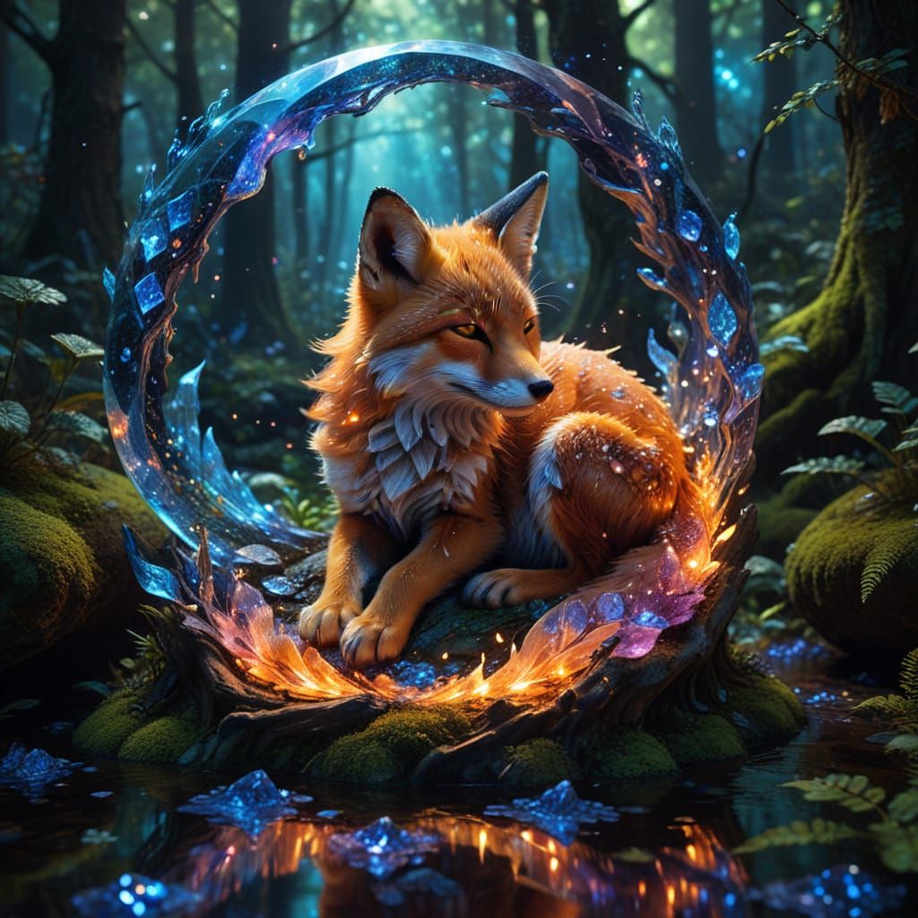 Ethereal Fox Cub Rests in Cosmic Yin Yang