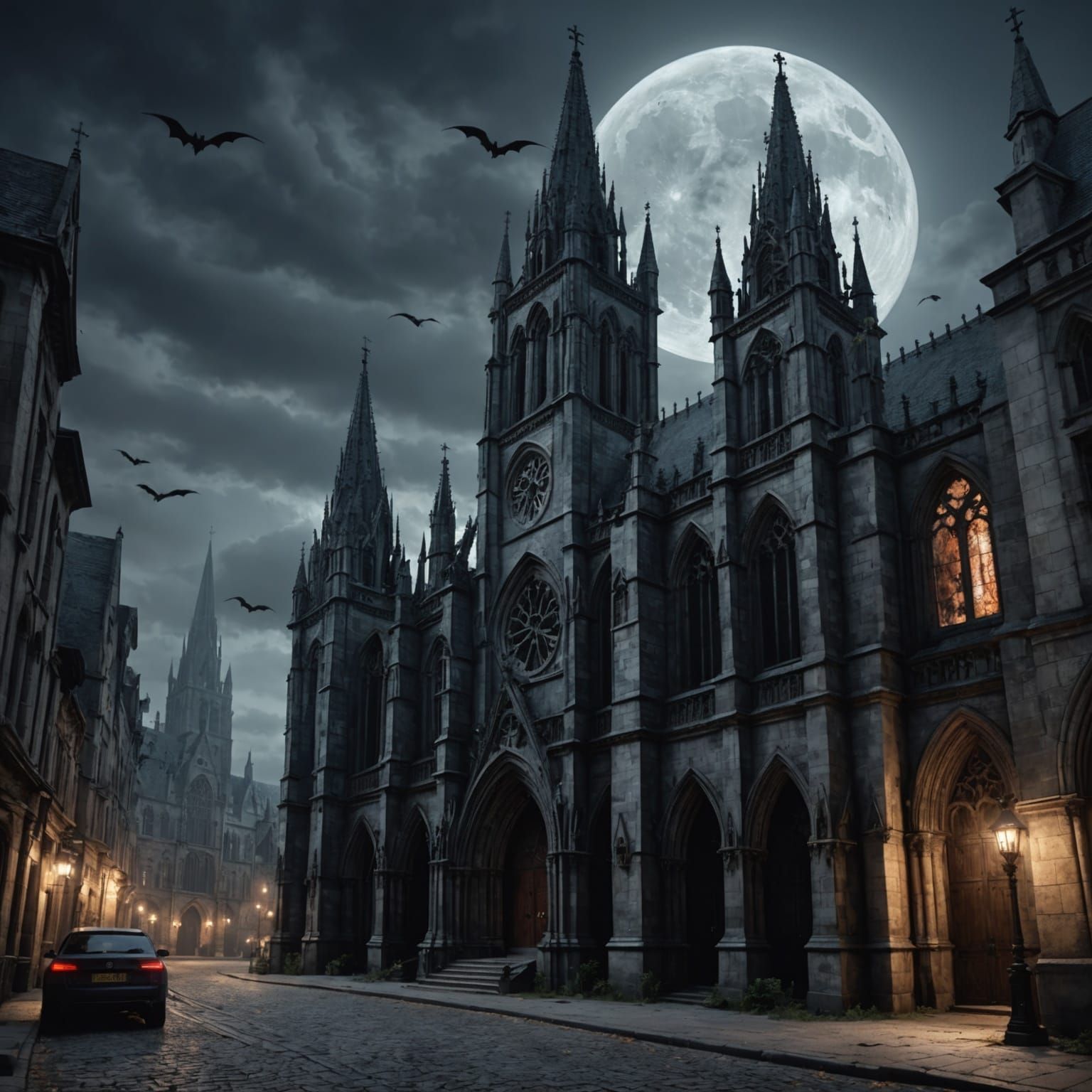 Eerie Gothic Church with Gargoyles in Moonlight