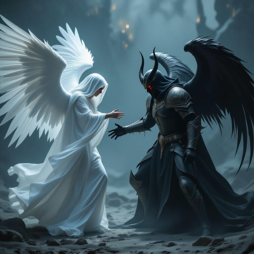 Angels Battle Devil in Gothic Scene