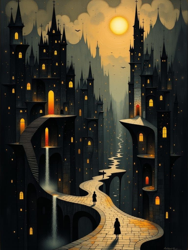 Ethereal Cityscape in M.C. Escher's Paradoxical Style