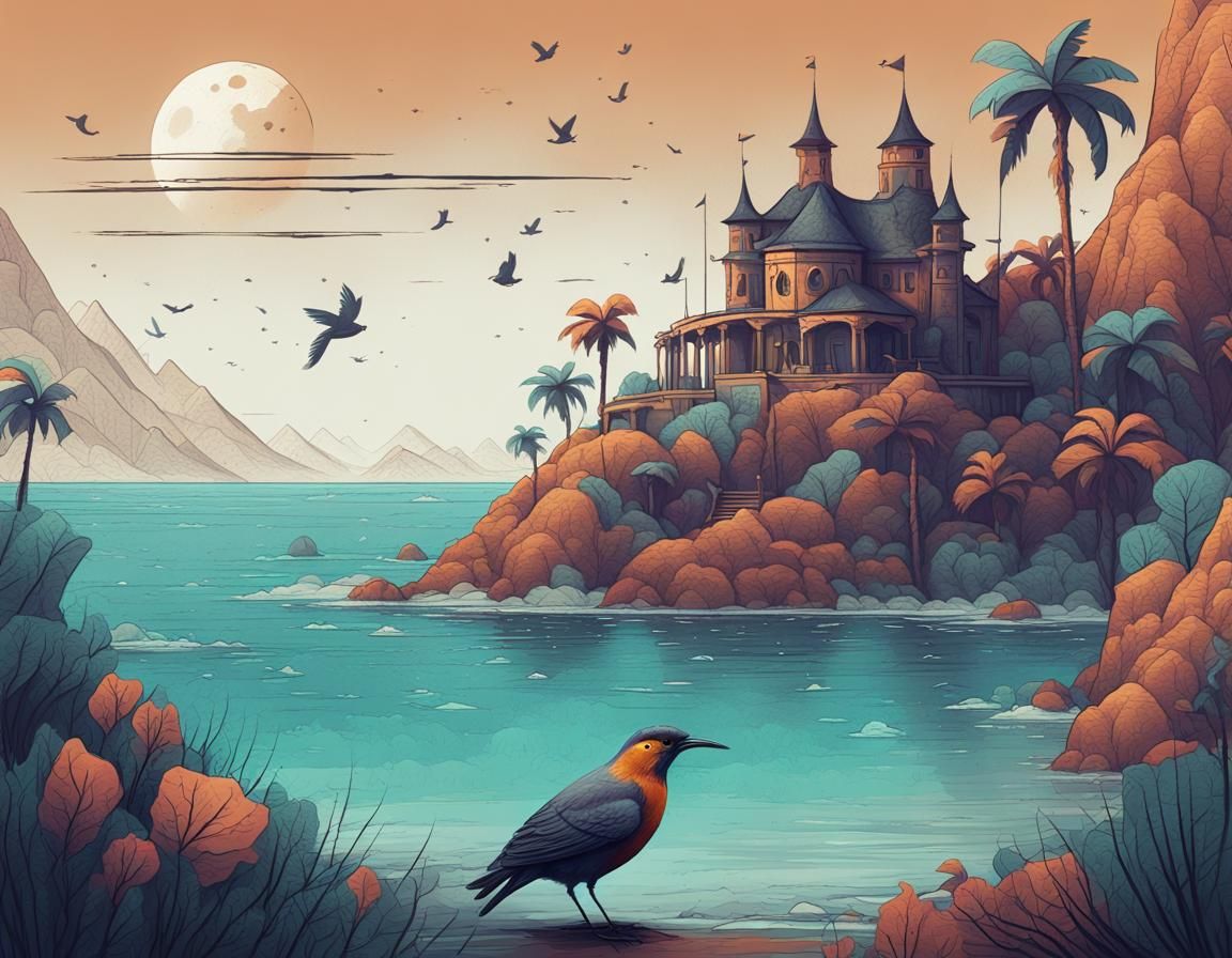 Bird on Vacation: Retro Illustration in Matte Painting Style