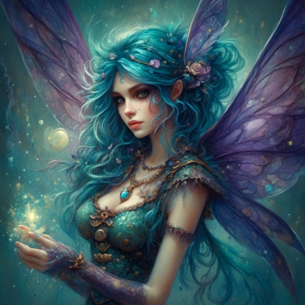 Surreal Pirate Fairy Queen Portrait in Blue Hues
