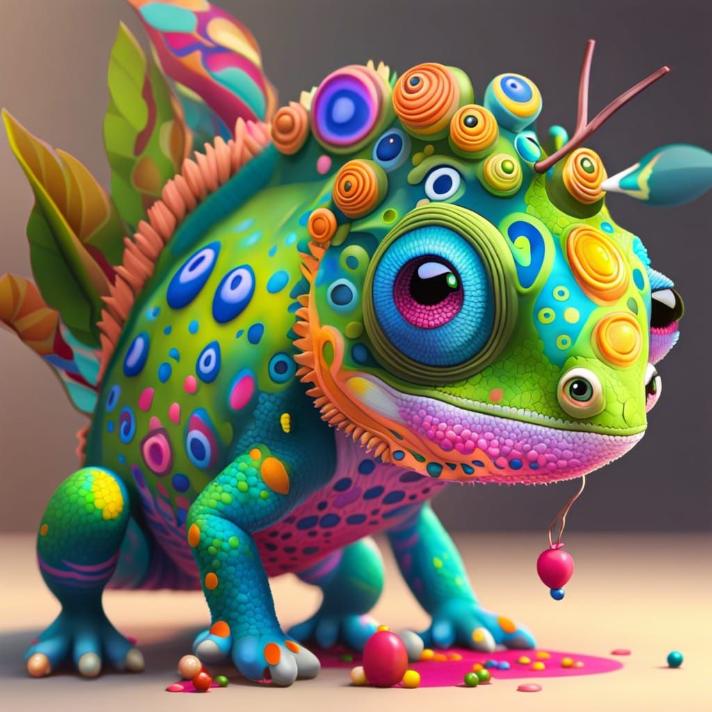 Anime-Style Kawaii Chameleon Painter's Colorful Transformati...