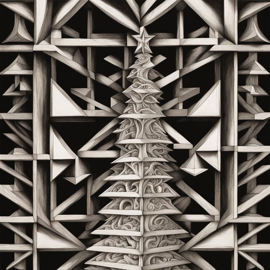 16k resolution, art by M.C. Escher, Leonardo da Vinci, intricate Christmas tree, optical illusion ornaments, geometric d...