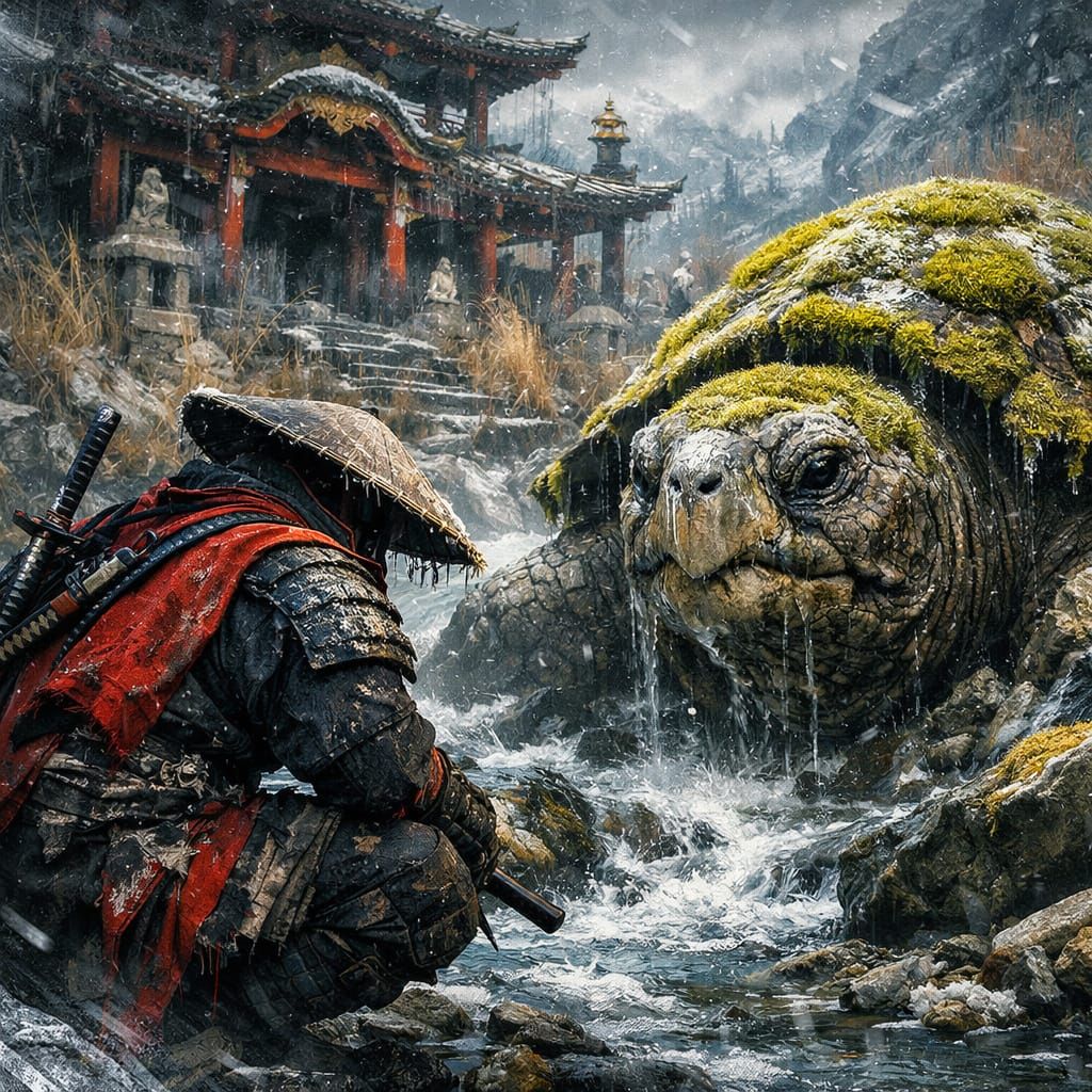 Samurai and Giant Turtle by Abandoned Temple