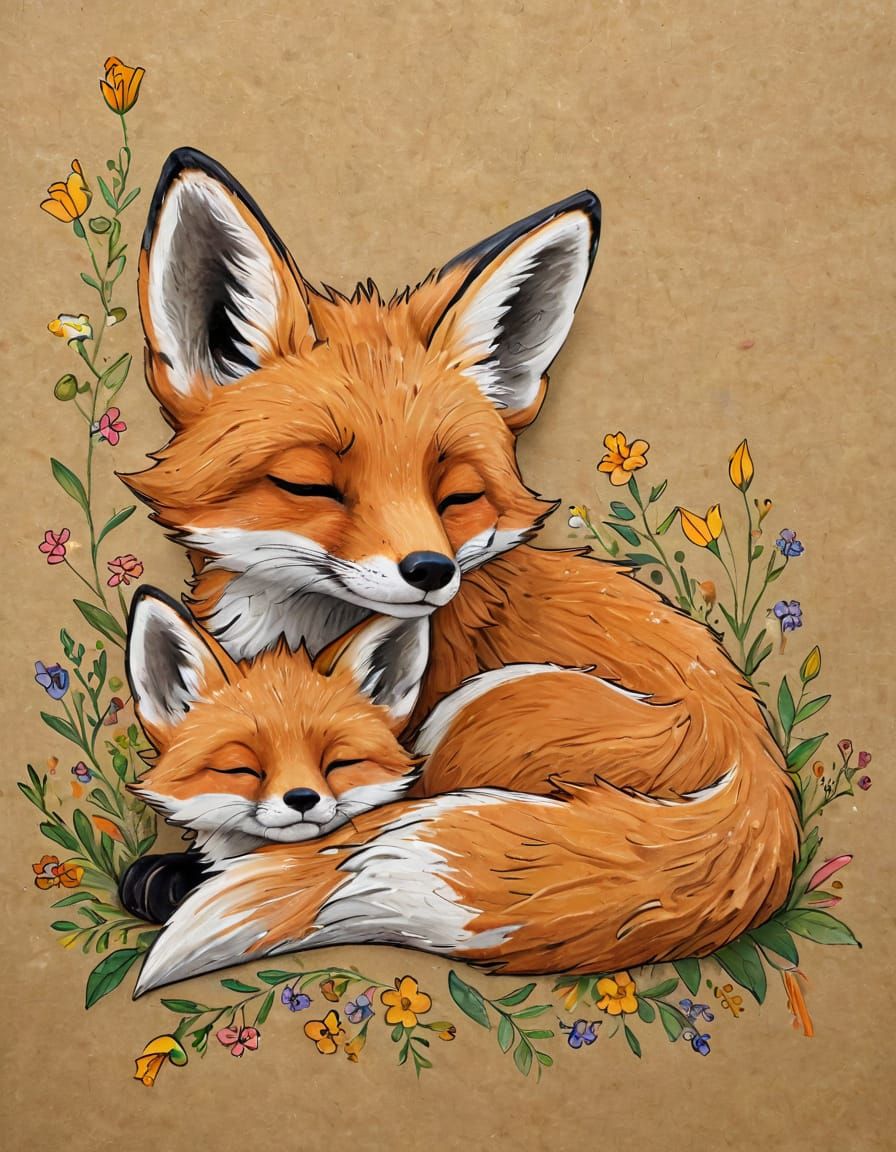 Realistic 3D Fox Family in Wildflower Field
