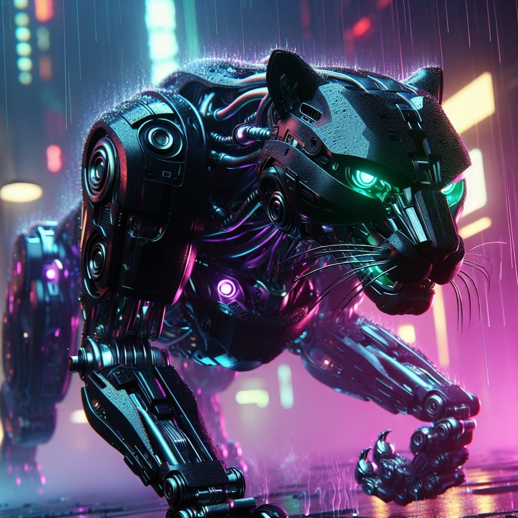 Cybernetic Panther in a Neon Rain Alley