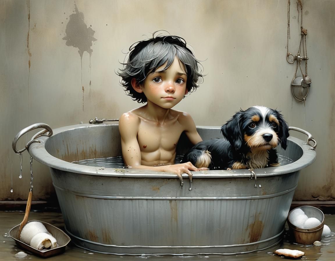 Boy Bathes Dog in Zinc Tub: Intricate Illustration