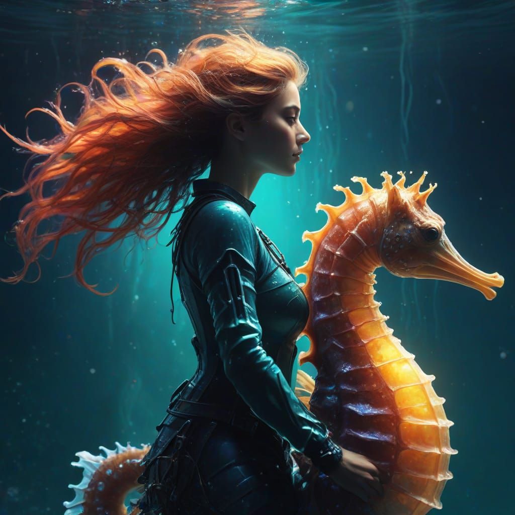 Woman Riding Seahorse in Deep Sea Digital Painting