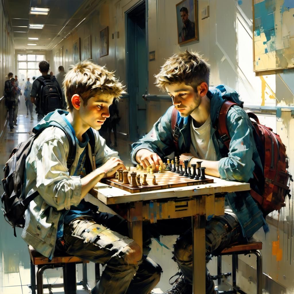 Boys Playing Chess, Detailed Fine Art Painting