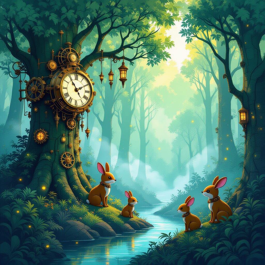 Enchanted Forest with Clockwork Animals and Neon Accents