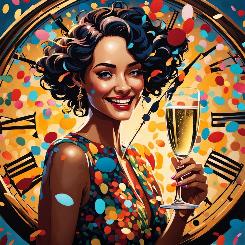Festive Woman Cheers New Year in Vibrant Colors