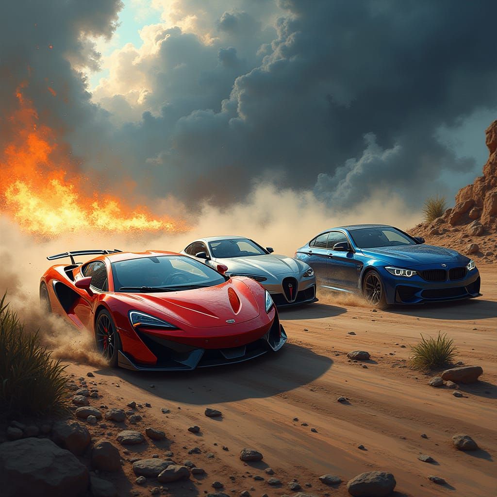 Turbocharged Chaos: High-Performance Cars in Desolate Landsc...