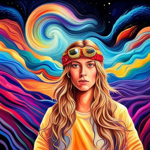 Cosmic Hippie Girl Mountain Graffiti Art