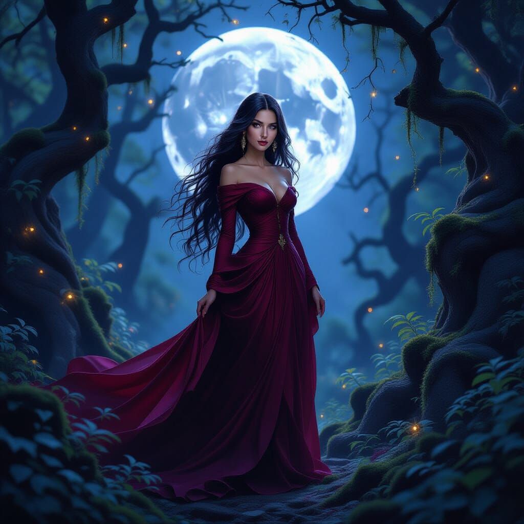 Woman in Crimson Gown in Twilight Forest Under Silver Moon
