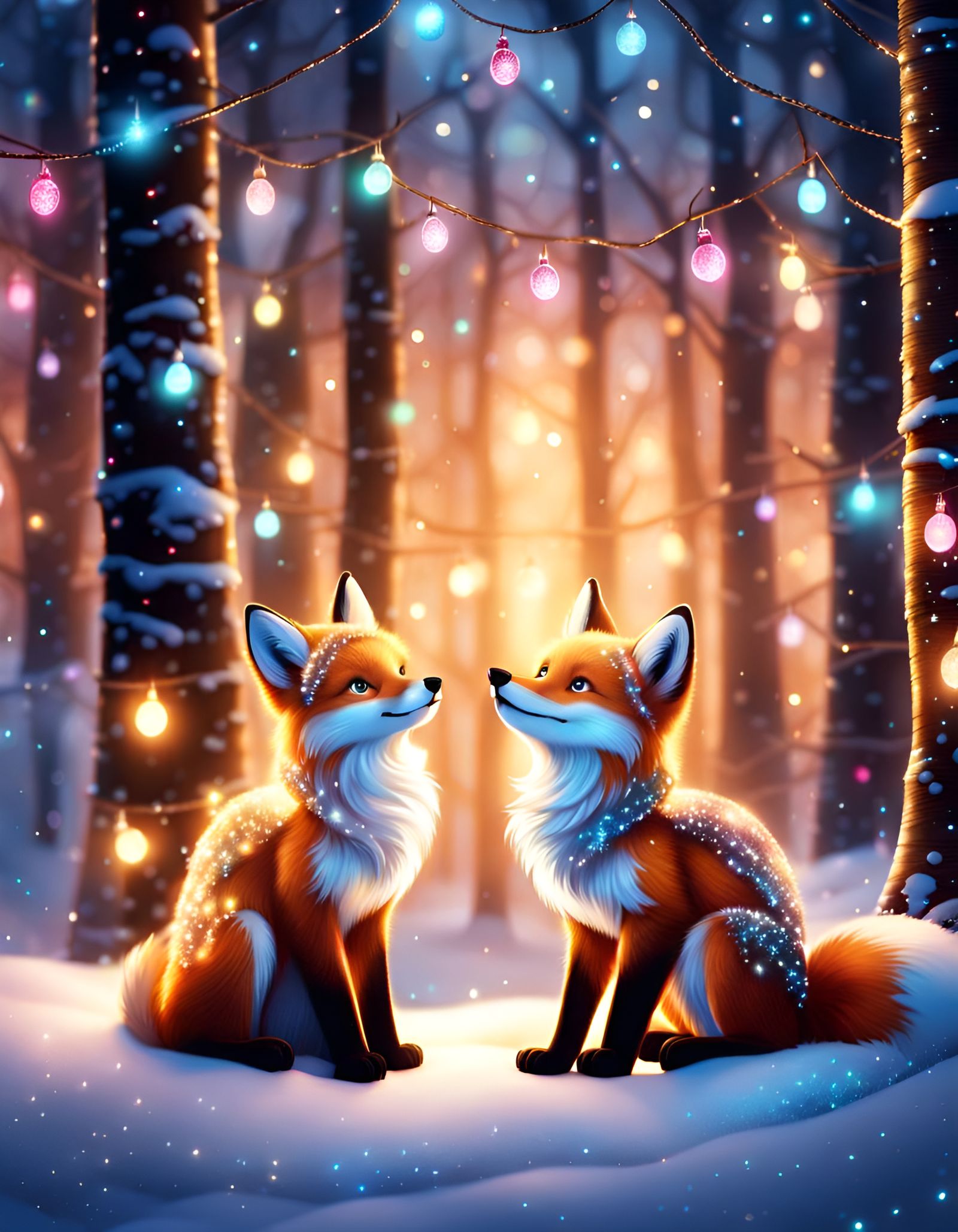 Foxes Enjoying Christmas Lights