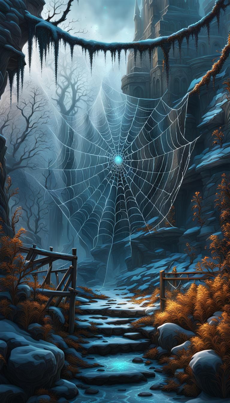 Frozen Spiderweb in Detailed Matte Painting Style
