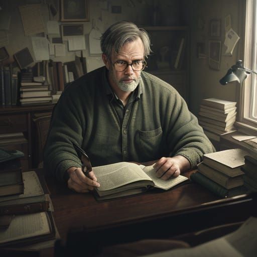 A Man on the Brink of Mental Breakdown in a Cluttered, Dimly...