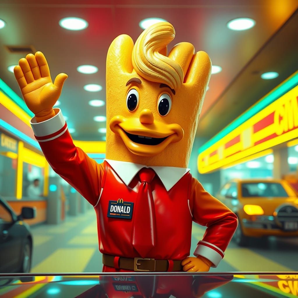 A giant, anthropomorphic french fry resembling Donald, with blonde hair, dressed in a miniature McDonald's uniform, comp...