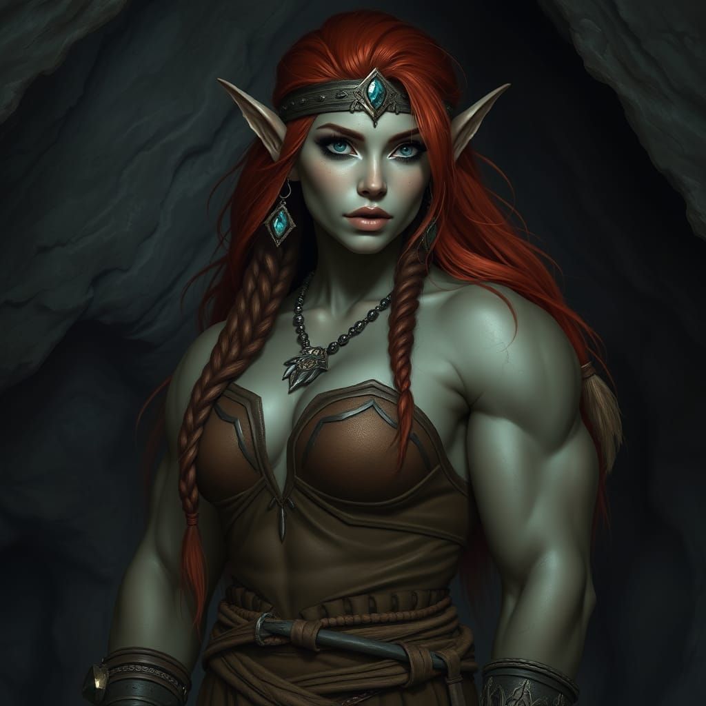 Half-Elf Bodybuilder in Cave with Native American Dress