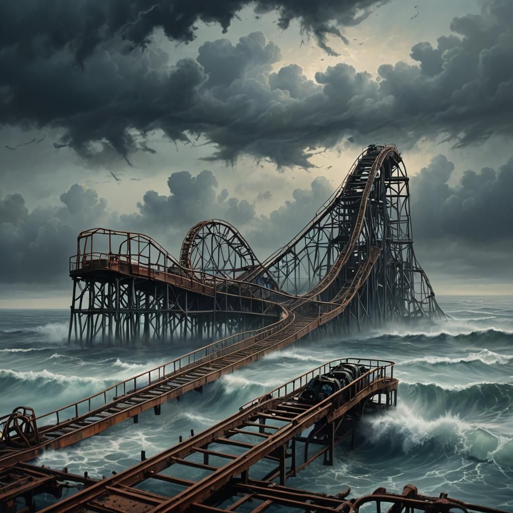 Surreal Ocean Roller Coaster in a Dreamlike Haze