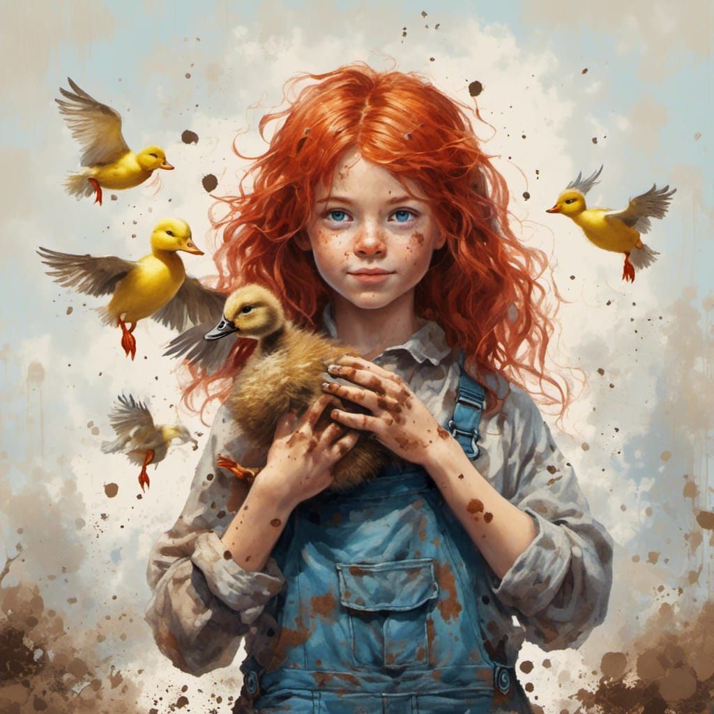 Mischievous Child with Duckling in Hyperreal Style