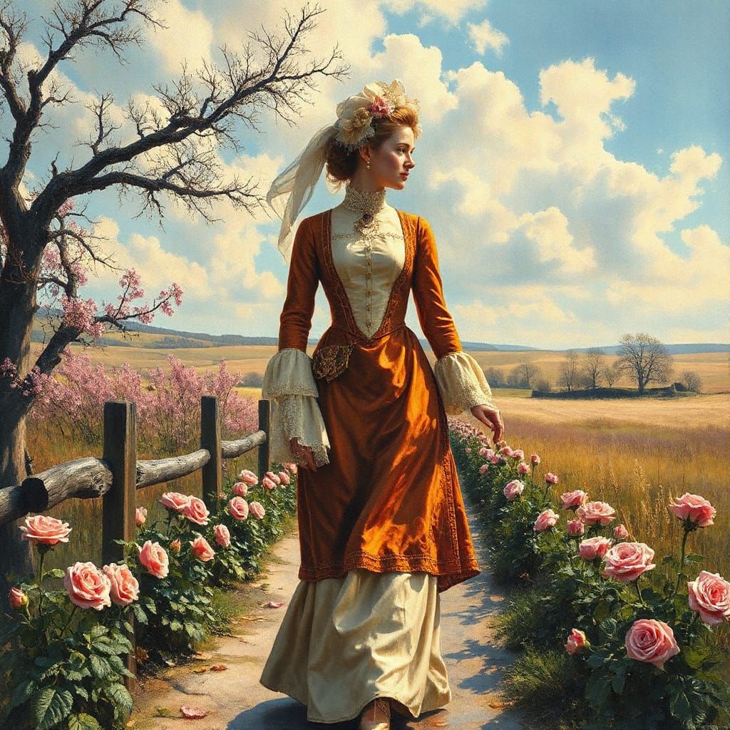 18th Century Fashionista in Dreamy Watercolor and Oil Landsc...