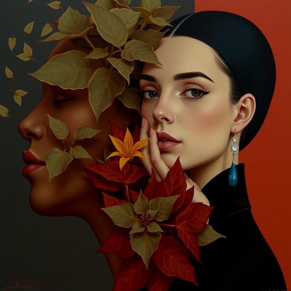 Woman With Teal Hair Among Green Leaves and Yellow Flowers