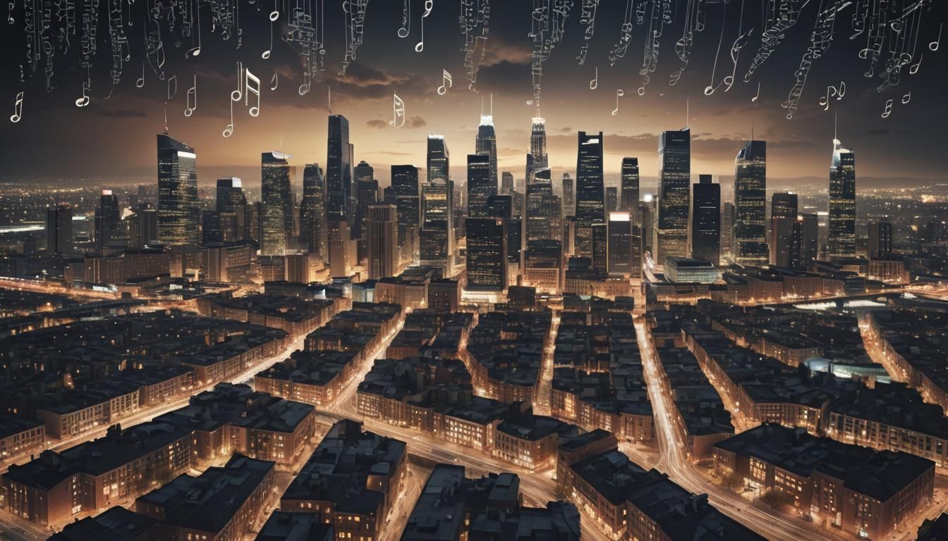 Musical Note Cityscape in Hyperrealistic Photography