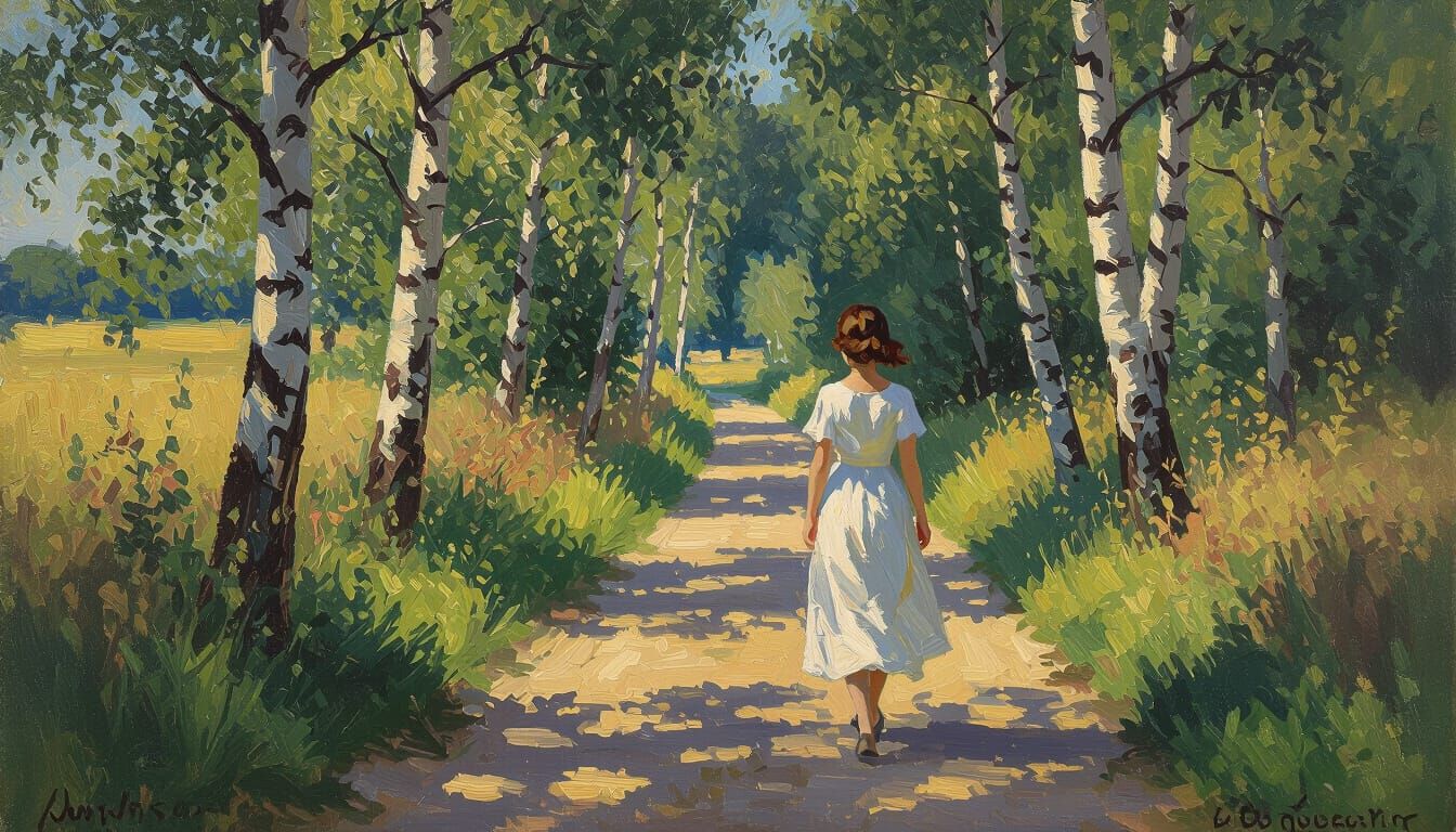 Woman in Birch Forest, Impressionist Style