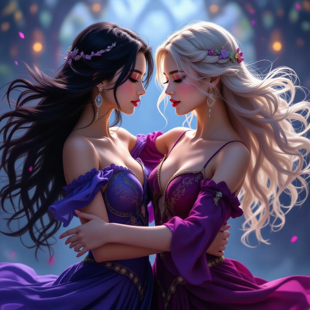 Two Women Dancing with Flowing Hair in Dramatic Style